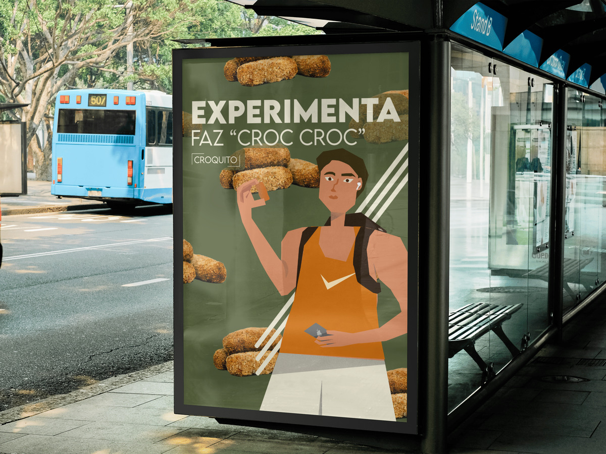 Cartaz "Experimenta, faz croc croc" numa paragem de autocarro